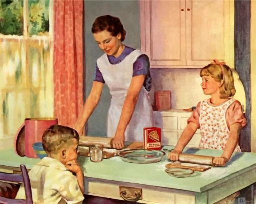 Mother And Kids In Kitchen paint by numbers