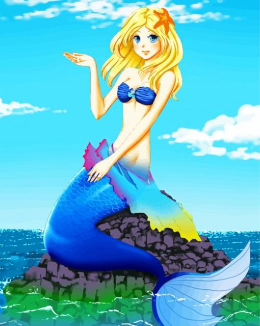 Mermaid On Rock Cartoon paint by numbers