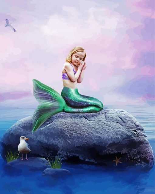 Little Girl Mermaid On Rock paint by numbers