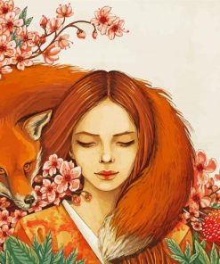 Girl With Foxes And Sakura paint by number