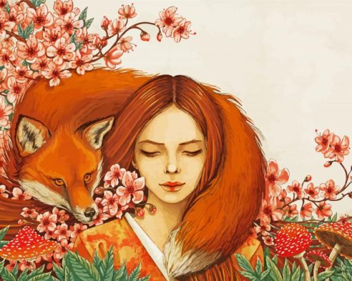 Girl With Foxes And Sakura paint by number