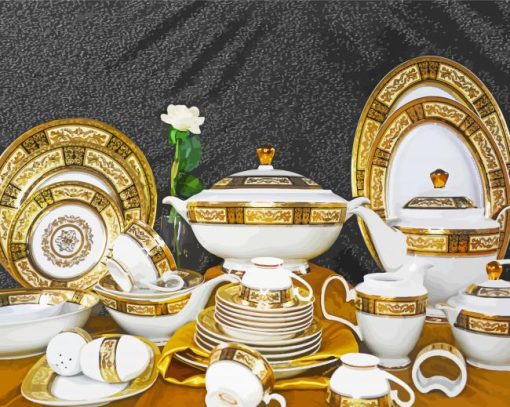 Gold And White Crockery paint by number