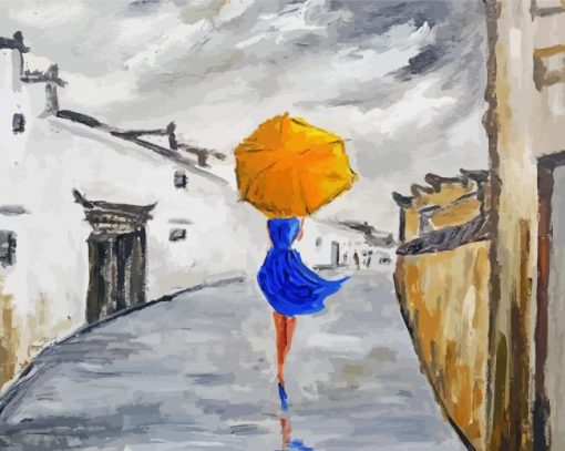 Lady With Yellow Umbrella And Blue Dress paint by number