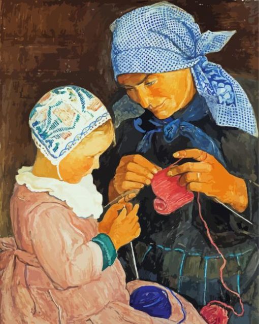 Mother And Daughter Crocheting paint by numbers