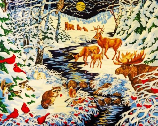 Vintage Animals Snow Scene paint by numbers