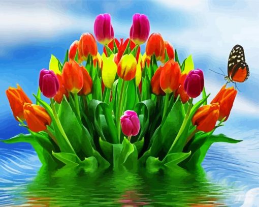 Butterfly With Beautiful Tulips paint by numbers