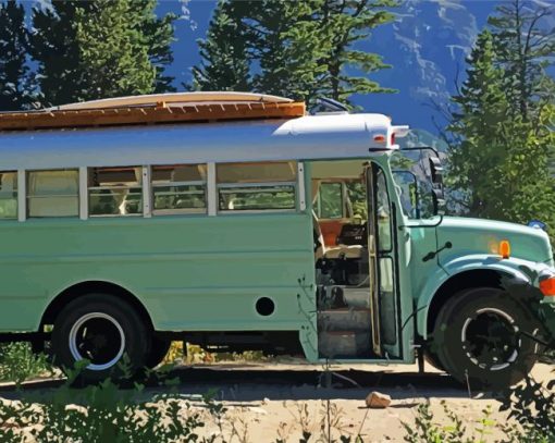 Green School Bus In The Mountain paint by numbers