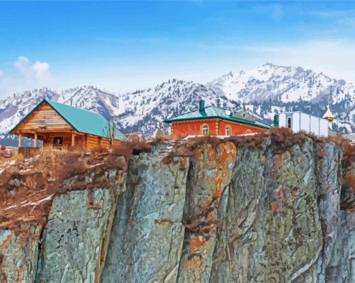 Houses On A Snowy Cliff paint by numbers