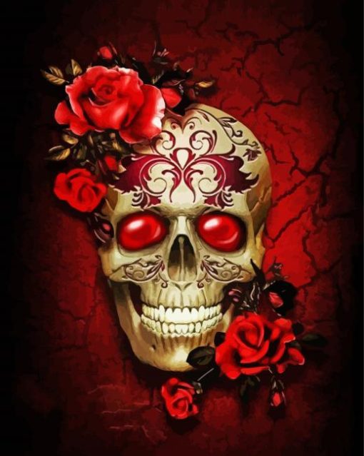 Red Flowers Skull paint by number