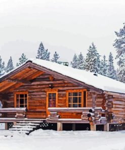 Snow Winter Log Cabin paint by numbers