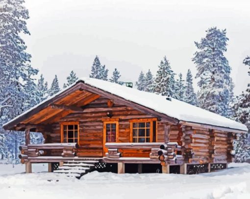 Snow Winter Log Cabin paint by numbers