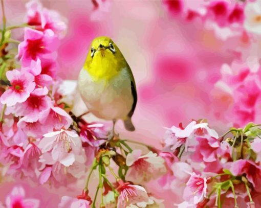 Bird In Pink Flowers Paint By Numbers