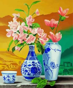 Blue And White Vase With Pink Flowers paint by numbers