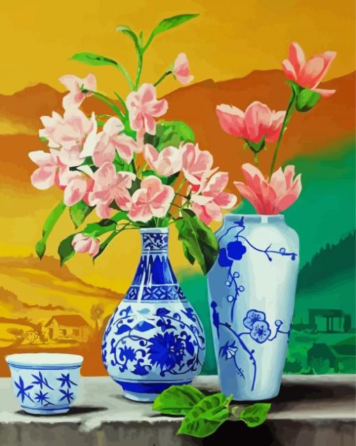 Blue And White Vase With Pink Flowers paint by numbers