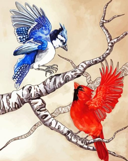 Cardinal And Blue Jay Birds On Branch paint by numbers