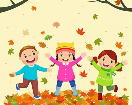 Cartoon Kids Playing With Leaves Paint By Numbers