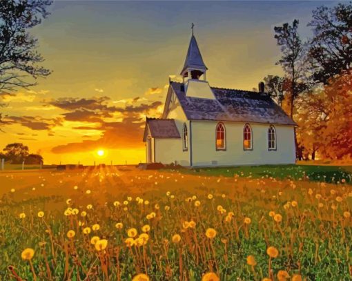 Country Church At Sunset paint by numbers