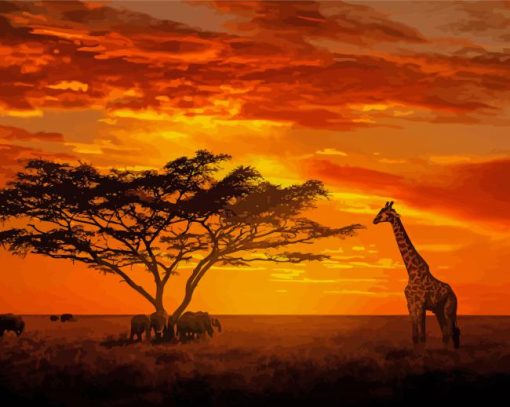 Elephant And Giraffes Sunset paint by numbers