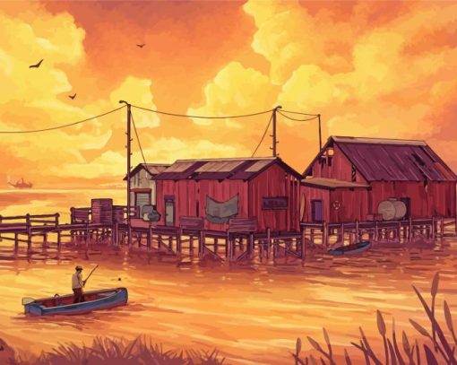 Fishing Village Sunset Art paint by numbers