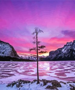 Frozen Tree Lake Sunset Landscape paint by numbers