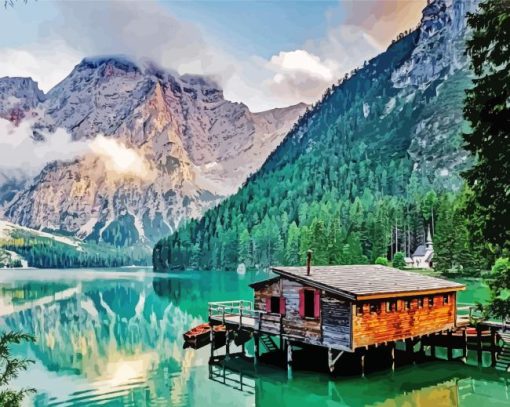 Lake House With A Boat Landscape paint by numbers