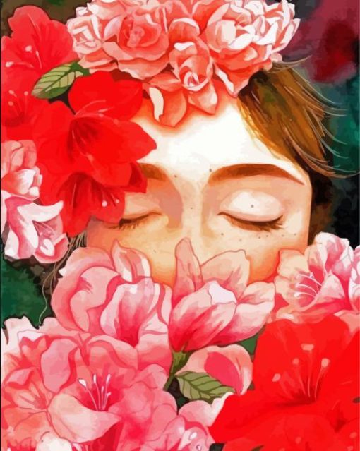 Pink And Red Floral Art Girl paint by numbers