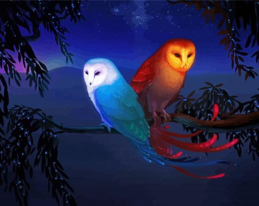 Red And Blue Bird Owls On Branch paint by numbers