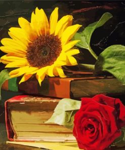 Sunflower And Rose With Books paint by numbers