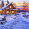 Winter Cabin In The Forest Sunset paint by numbers