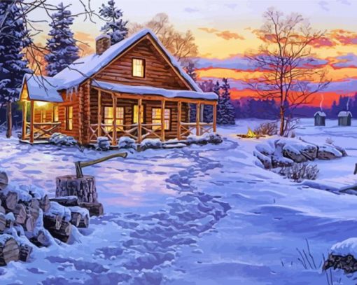 Winter Cabin In The Forest Sunset paint by numbers