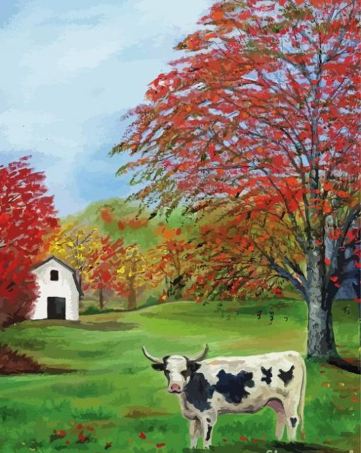 Black And White Cows Fall Scene paint by numbers