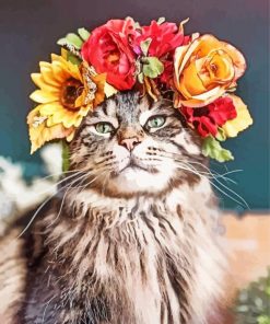 Cat Animal With Floral Crown paint by numbers