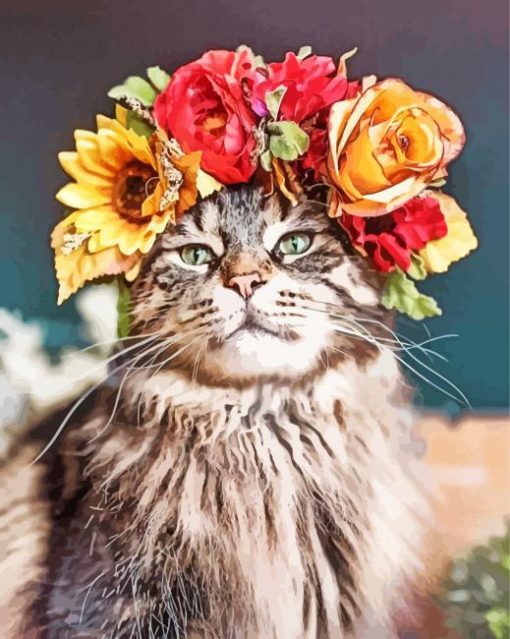 Cat Animal With Floral Crown paint by numbers