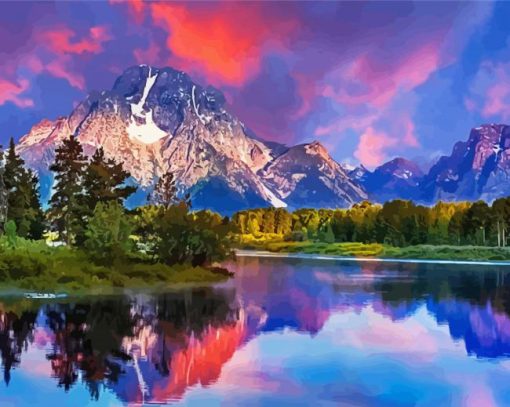 Landscape river Teton Mountain Reflection paint by numbers