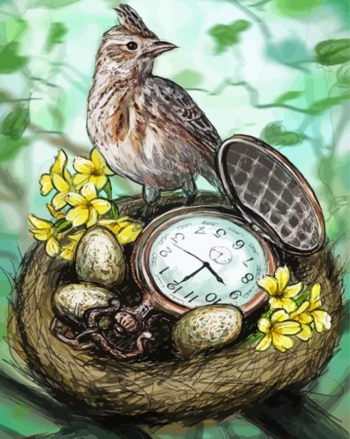 Pocket Watch And Eggs In Bird Nests paint by numbers