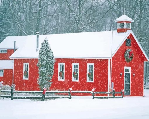 Red Barn With Snow paint by numbers