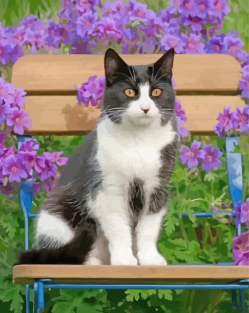 Tuxedo Cat And Purple Flowers paint by numbers