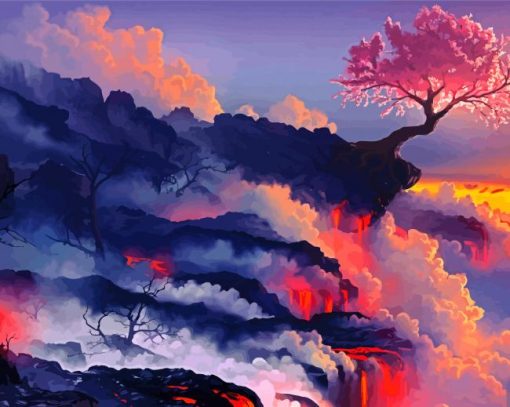 Cherry Blossom Tree On Cliff Paint By Numbers