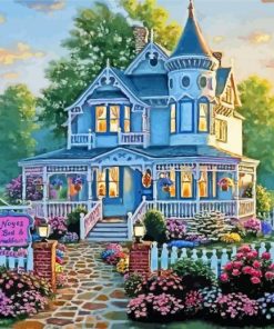 House With White Fence And Flowers Paint By Numbers