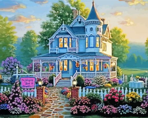 House With White Fence And Flowers Paint By Numbers