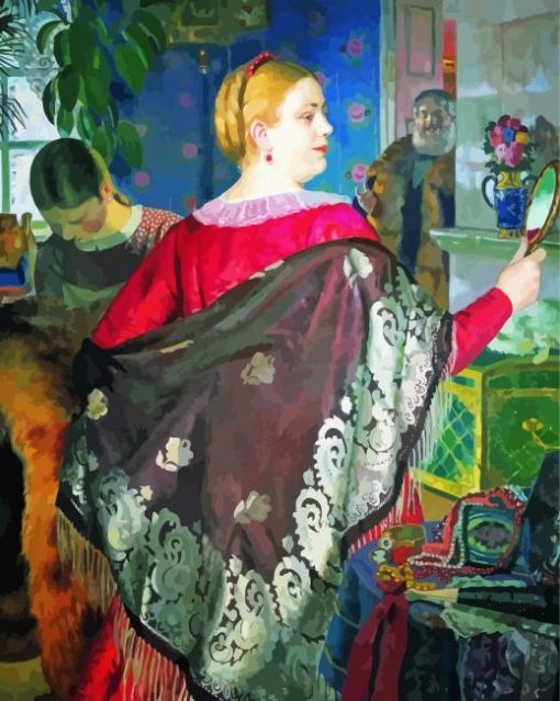 Merchants Woman With A Mirror By Boris Kustodiev Paint By Numbers