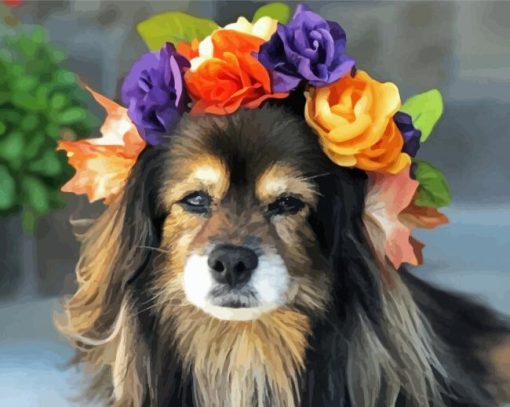 Puppy Dog With Flowers Crown Paint By Numbers