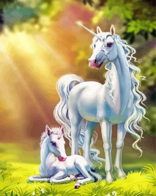 White Unicorn Mom And Baby Paint By Numbers