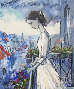 Aesthetic Lady In White On Balcony Paint By Numbers