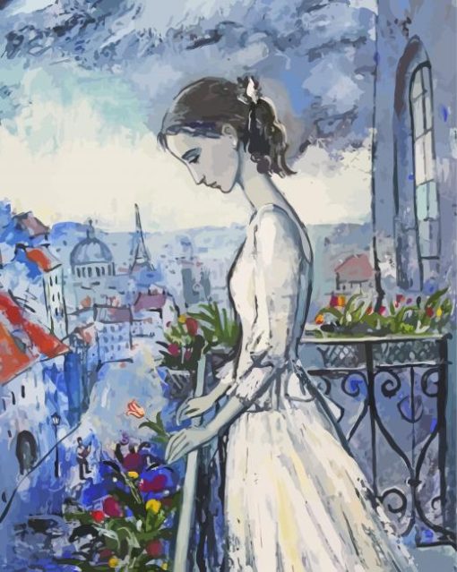 Aesthetic Lady In White On Balcony Paint By Numbers