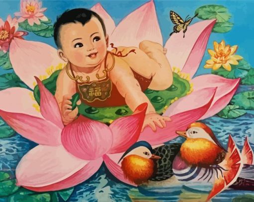 Asian Baby With Flower Paint By Numbers