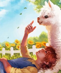 Boy And Llama In Sunflower Field Paint By Numbers