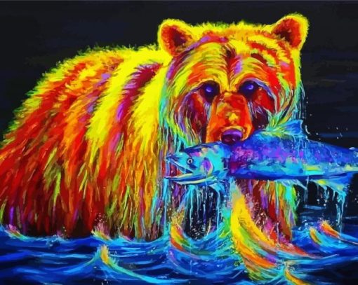 Colorful Bear With Fish Paint By Numbers