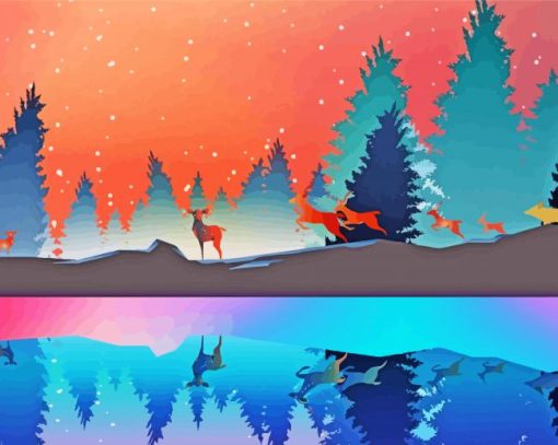 Colorful Tree And Deer Landscape Paint By Numbers