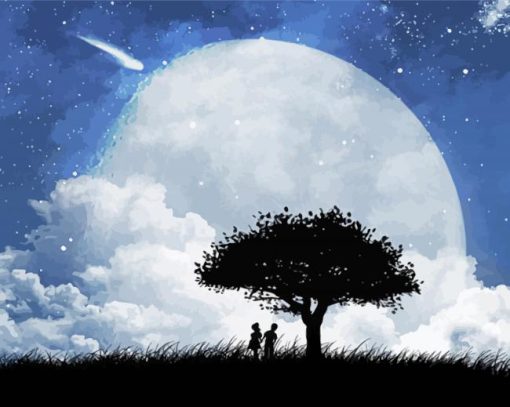 Kids Under Full Moon And Tree Paint By Numbers